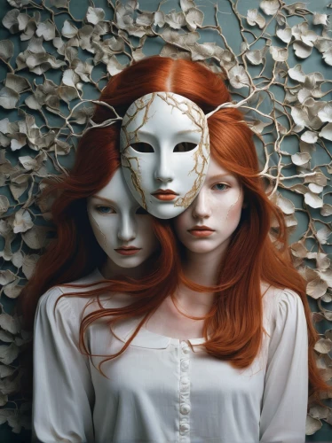 porcelain dolls,redheads,masque,masquerade,masks,mannequins,gothic portrait,pierrot,white lady,sirens,venetian mask,split personality,red-haired,with the mask,mirror image,fantasy portrait,rose white and red,dualism,two girls,gemini,Illustration,Realistic Fantasy,Realistic Fantasy 11