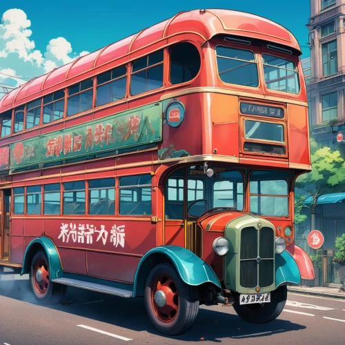 red bus,trolley bus,routemaster,english buses,city bus,double-decker bus,trolleybus,bus,aec routemaster rmc,trolleybuses,school bus,street car,omnibus,schoolbus,model buses,studio ghibli,trolley,double decker,buses,airport bus,Illustration,Japanese style,Japanese Style 03