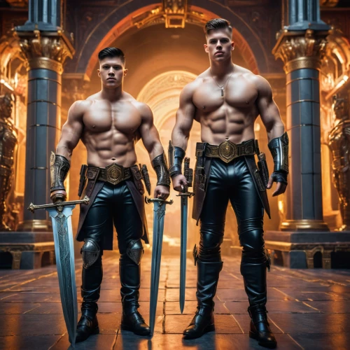warrior and orc,gladiators,bruges fighters,swordsmen,kickboxer,pair of dumbbells,guards of the canyon,bodybuilding,lancers,hym duo,sword fighting,muscular build,martial arts uniform,musketeers,gladiator,greek gods figures,warriors,body building,vilgalys and moncalvo,cosplay image,Photography,General,Sci-Fi