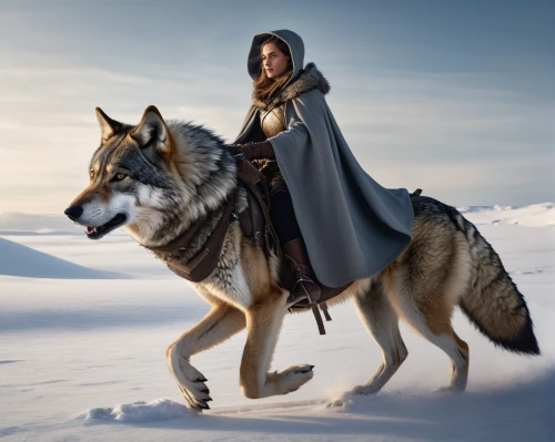 swath,heroic fantasy,king shepherd,the snow queen,biblical narrative characters,digital compositing,fantasy picture,sled dog,norse,mushing,warrior woman,game of thrones,female warrior,horse herder,thorin,dog sled,eternal snow,alpha horse,wolf hunting,imperial coat,Photography,General,Natural