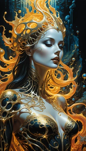 gold foil mermaid,gold filigree,sorceress,the enchantress,gold foil art,golden crown,fantasy art,flame spirit,heroic fantasy,foil and gold,gold paint stroke,priestess,merfolk,blue enchantress,golden mask,dryad,rosa ' amber cover,fantasy portrait,medusa,gold foil,Illustration,Realistic Fantasy,Realistic Fantasy 39