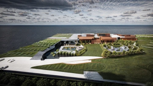 helipad,kitty hawk,golf resort,offshore wind park,dunes house,rescue helipad,golf hotel,3d rendering,thracian cliffs,eco hotel,mansion,military fort,flying island,sylt,floating island,solar cell base,beach house,holiday villa,luxury property,coastal protection,Landscape,Landscape design,Landscape Plan,Realistic
