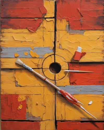 telephone pole,berimbau,wooden pole,block and tackle,plucked string instrument,paint brush,wooden instrument,paint brushes,paintbrush,wood board,framing hammer,folk instrument,wood tool,meticulous painting,mondrian,painted block wall,rust-orange,on wood,a carpenter,easel,Art,Classical Oil Painting,Classical Oil Painting 02