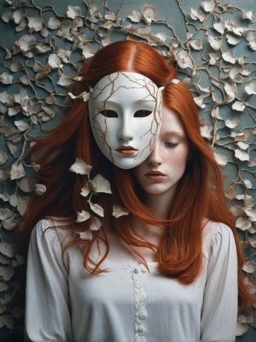 porcelain dolls,masque,masquerade,orange blossom,redheads,redhead doll,masks,white lady,kahila garland-lily,mystical portrait of a girl,pierrot,venetian mask,white butterflies,fantasy portrait,red-haired,menta,albino,with the mask,porcelain,without the mask,Illustration,Realistic Fantasy,Realistic Fantasy 11