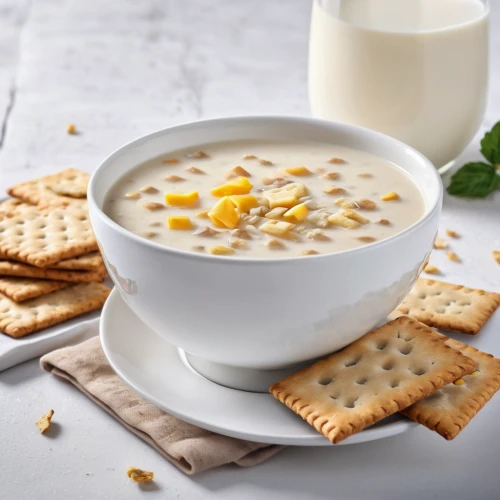 corn chowder,clam chowder,corn crab soup,cream of mushroom soup,avgolemono,ezogelin soup,cullen skink,potato soup,tom kha kai,manchow soup,sopa de mondongo,avena,potage,crème anglaise,crab soup,scotch broth,raita,oat,soup,lentil soup,Photography,General,Natural