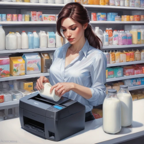 cashier,pharmacist,pharmacy,cosmetics counter,milk-carton,chemist,clerk,milk container,apothecary,dairy products,salesgirl,consumer,soap shop,milk utilization,shopping icon,milkmaid,convenience store,glass of milk,woman shopping,cash register,Conceptual Art,Fantasy,Fantasy 03