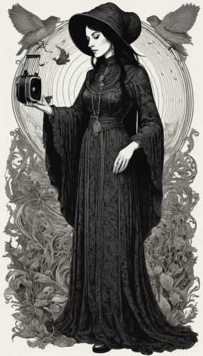 camera illustration,woman holding a smartphone,woman drinking coffee,the witch,woman holding pie,witches,witch,celebration of witches,woman eating apple,crow queen,corvidae,vintage illustration,black angel,woman holding gun,angel of death,pilgrim,tarot,divination,witch ban,kate greenaway,Illustration,Black and White,Black and White 09