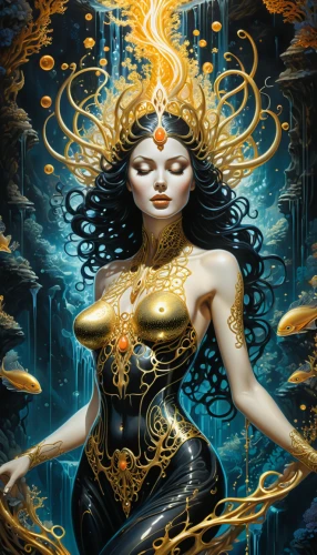 sorceress,priestess,the enchantress,the zodiac sign pisces,zodiac sign libra,fantasy art,goddess of justice,shiva,fantasy woman,gold foil mermaid,medusa,zodiac sign gemini,queen of the night,mythological,jaya,gold filigree,heroic fantasy,lord shiva,sacred lotus,horoscope libra,Illustration,Realistic Fantasy,Realistic Fantasy 39