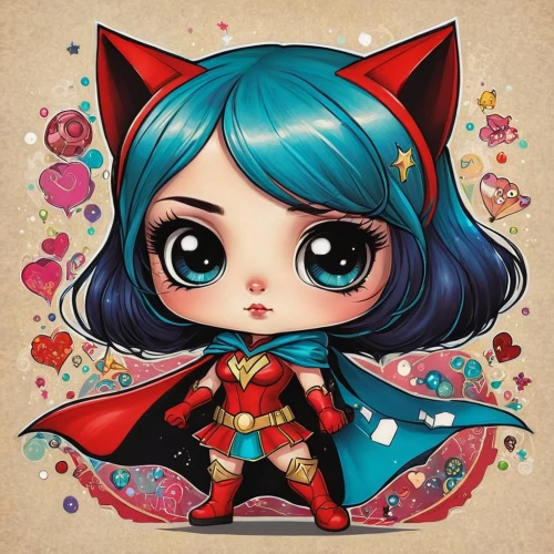 super heroine,chibi girl,fairy tale character,little red riding hood,cute cartoon character,scarlet witch,catarina,zodiac sign gemini,cute cartoon image,super woman,comic hero,queen of hearts,fairy tale icons,fairytale characters,chibi,red riding hood,illustrator,doll cat,gemini,horoscope libra,Illustration,Abstract Fantasy,Abstract Fantasy 10