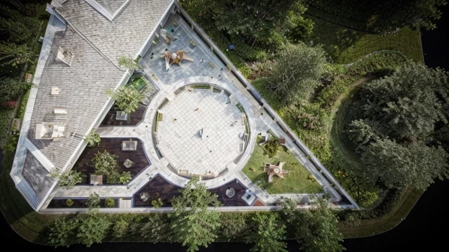 russian pyramid,landscape designers sydney,glass pyramid,aerial view umbrella,sundial,mirror house,overhead view,landscape design sydney,mobile sundial,house in the forest,top view,villa balbianello,drone image,villa,dovecote,pyramid,garden of the fountain,roof landscape,sunken church,bird's-eye view,Landscape,Landscape design,Landscape Plan,Realistic