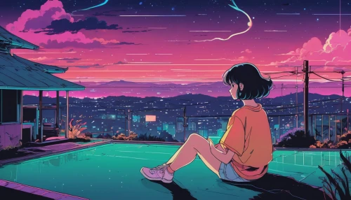 falling stars,rooftops,dream world,summer evening,fireflies,night sky,stargazing,nightsky,atmosphere,rooftop,starlight,roof landscape,city lights,daydream,neon lights,dreamland,dusk background,scenery,the night sky,neon,Illustration,Japanese style,Japanese Style 06