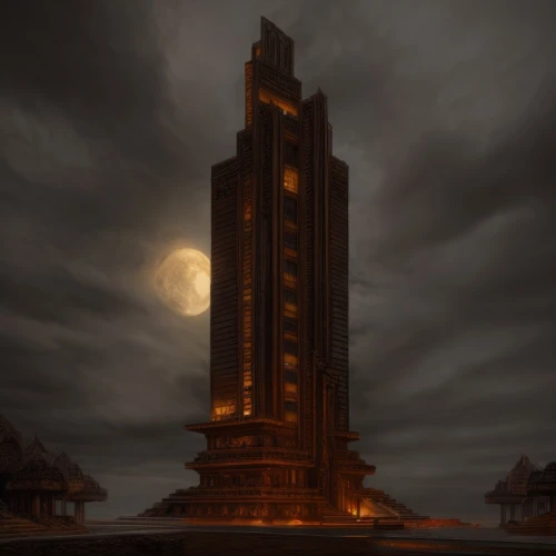 tower of babel,watchtower,renaissance tower,stalinist skyscraper,castle of the corvin,electric tower,messeturm,the skyscraper,carillon,gold castle,monolith,stalin skyscraper,steel tower,clock tower,dragon palace hotel,at night,high-rises,imperial shores,torre,sepia,Game Scene Design,Game Scene Design,Gothic