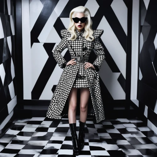 checkered floor,checkered background,checkerboard,checkered,chequered,cruella de ville,checker,cruella,chessboard,trench coat,coat,black coat,black and white pattern,blue checkered,fur coat,tartan background,vogue,geometric style,fur clothing,geometric pattern,Photography,Fashion Photography,Fashion Photography 20