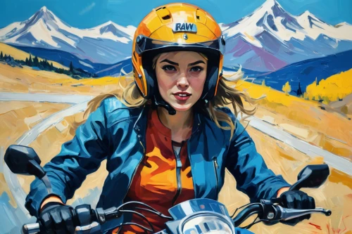 motorcyclist,biker,bike pop art,woman bicycle,motorbike,motorcycle,motorcycles,girl with a wheel,motorcycle racer,riding instructor,bicycle helmet,motorcycling,safety helmet,moped,motorcycle helmet,woman fire fighter,cyclist,motor-bike,motorcycle tour,bicycling,Conceptual Art,Oil color,Oil Color 21