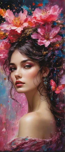 girl in flowers,kahila garland-lily,oil painting on canvas,flower painting,mystical portrait of a girl,art painting,oil painting,wild roses,falling flowers,ipê-rosa,spray roses,world digital painting,flower wall en,wild rose,dry rose,passion bloom,scent of roses,meticulous painting,splendor of flowers,geranium pink