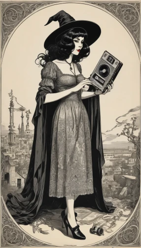 woman holding pie,cd cover,bookplate,celebration of witches,pilgrim,witch,vintage ilistration,the sea maid,wicked witch of the west,the gramophone,cover,vintage illustration,librarian,witches,la catrina,danse macabre,witch ban,the phonograph,phonograph,phonograph record,Illustration,Black and White,Black and White 25