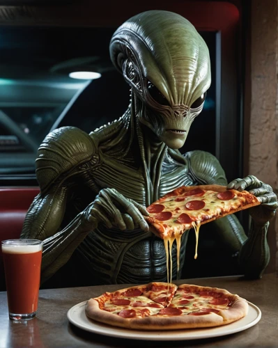 pizza service,order pizza,alien,aliens,alien warrior,extraterrestrial life,extraterrestrial,romantic dinner,dining,pizzeria,diner,enjoy the meal,saucer,appetite,dinner,dinner for two,pan pizza,alien invasion,refuel,delicious meal,Illustration,American Style,American Style 08