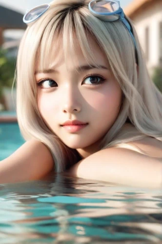 anime 3d,doll's facial features,kawaii people swimming,barbie doll,3d rendered,the blonde in the river,pool water,underwater background,cute cartoon character,summer background,barbie,pool,swimming,japanese doll,mermaid background,3d background,lily water,blonde girl,hong,swim