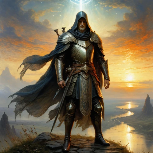 hooded man,heroic fantasy,paladin,the wanderer,massively multiplayer online role-playing game,templar,lone warrior,fantasy art,fantasy picture,king arthur,assassin,fantasy warrior,crusader,alaunt,cloak,knight armor,norse,thorin,wanderer,light bearer,Art,Classical Oil Painting,Classical Oil Painting 13
