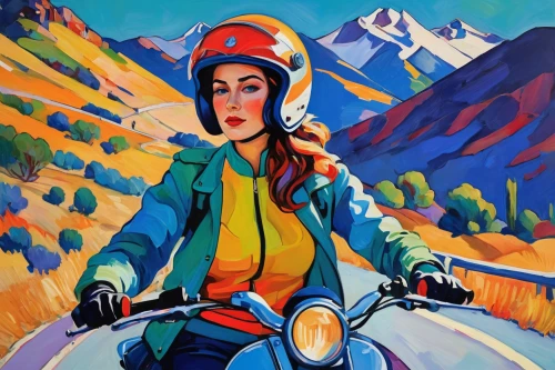 woman bicycle,bike pop art,motorcyclist,girl with a wheel,motorcycle tour,motorbike,biker,moped,scooter riding,motorcycles,cyclist,artistic cycling,motorcycle,motorcycle tours,travel woman,vespa,motorcycling,bicycle helmet,david bates,motorcycle racer,Conceptual Art,Oil color,Oil Color 25