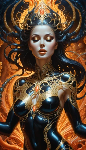 gold filigree,sorceress,priestess,rosa ' amber cover,the enchantress,golden crown,fantasy art,flame spirit,gold foil art,medusa,queen of the night,gold foil mermaid,fantasy portrait,heroic fantasy,fantasy woman,golden mask,sci fiction illustration,foil and gold,fire angel,filigree,Illustration,Realistic Fantasy,Realistic Fantasy 39