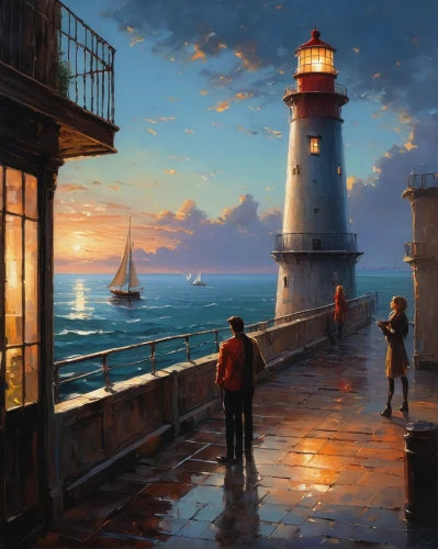 lighthouse,red lighthouse,fishermen,light house,electric lighthouse,oil painting,evening atmosphere,oil painting on canvas,lev lagorio,art painting,guiding light,sailors,motif,early evening,romantic scene,sea landscape,summer evening,james handley,in the evening,fineart,Conceptual Art,Oil color,Oil Color 06