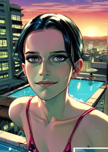 female swimmer,animated cartoon,dusk background,game illustration,maya,the girl's face,girl with speech bubble,cg artwork,clementine,city ​​portrait,swimmer,cartoon video game background,background image,catarina,wonder woman city,digital compositing,comic style,swimsuit,swimming pool,spy visual