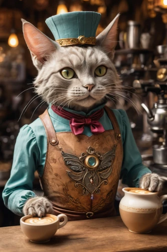 tea party cat,waiting staff,tinsmith,cat drinking tea,watchmaker,caterer,cat coffee,hatter,cat sparrow,waiter,figaro,silversmith,merchant,dwarf cookin,bartender,shopkeeper,oktoberfest cats,chef,cat's cafe,pastry chef,Illustration,Realistic Fantasy,Realistic Fantasy 02