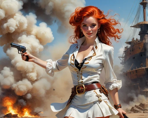 girl with gun,girl with a gun,woman holding gun,pirate,naval officer,pirate treasure,massively multiplayer online role-playing game,scarlet sail,naval battle,pirate ship,holding a gun,seafaring,full-rigged ship,the sea maid,game illustration,cigarette girl,pirate flag,woman fire fighter,gunfighter,sloop-of-war,Conceptual Art,Oil color,Oil Color 03