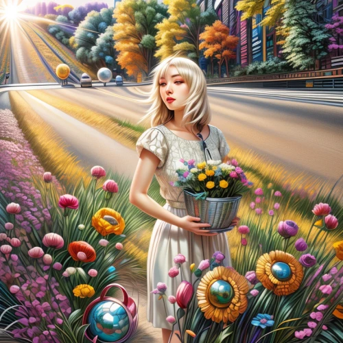 girl in flowers,beautiful girl with flowers,girl picking flowers,flower delivery,fantasy picture,flower girl,splendor of flowers,field of flowers,flower garden,picking flowers,flower painting,flower cart,springtime background,fantasy art,world digital painting,flowers in basket,girl with cereal bowl,daisies,flower car,alice in wonderland