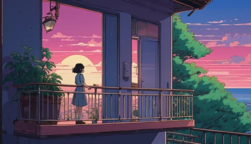 summer evening,balcony,evening atmosphere,scenery,ocean view,sky apartment,paris balcony,bedroom window,house silhouette,in the evening,atmosphere,overlook,block balcony,balconies,window sill,the scenery,studio ghibli,windowsill,sunset,seaside view,Illustration,Japanese style,Japanese Style 06