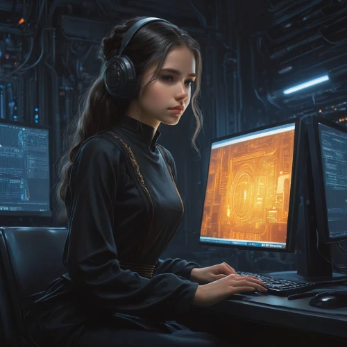 girl at the computer,sci fiction illustration,telephone operator,girl studying,operator,cg artwork,night administrator,dispatcher,switchboard operator,fractal design,computer art,women in technology,world digital painting,computer,computer addiction,lan,scifi,computer game,headset,librarian,Conceptual Art,Fantasy,Fantasy 28