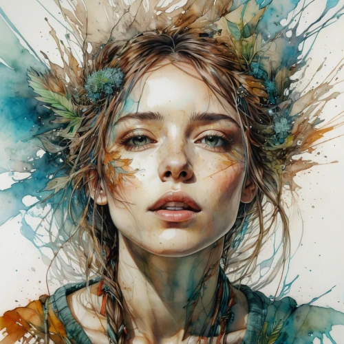 boho art,mystical portrait of a girl,faery,fantasy portrait,girl in a wreath,dryad,splintered,girl portrait,portrait of a girl,faerie,fantasy art,digital artwork,illustrator,digital art,world digital painting,girl in flowers,fashion illustration,watercolor paint strokes,flora,art painting,Illustration,Paper based,Paper Based 13