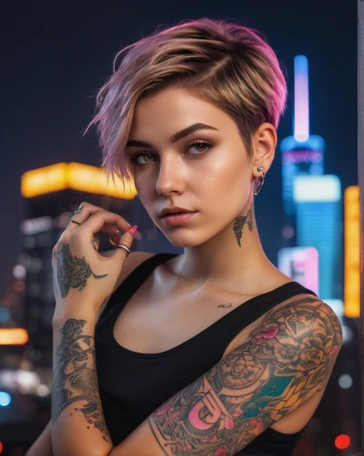 tattoo girl,greta oto,lira,punk,tattoos,with tattoo,photo session at night,city ​​portrait,rockabella,hk,bangkok,cyberpunk,shanghai,tattoo artist,female model,portrait background,portrait photography,tattooed,asia,tattoo expo,Photography,General,Natural