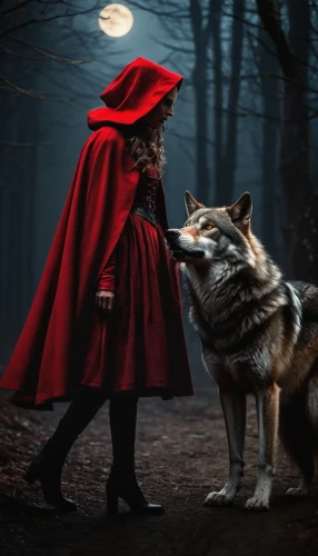 red riding hood,little red riding hood,red coat,red cape,red wolf,howling wolf,red tunic,howl,children's fairy tale,fairy tale,photomanipulation,fantasy picture,girl with dog,fairy tale character,photoshop manipulation,photo manipulation,fairy tales,two wolves,fairytale characters,red dog,Photography,General,Fantasy