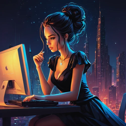 girl at the computer,night administrator,women in technology,sci fiction illustration,world digital painting,girl studying,computer addiction,game illustration,online date,crypto mining,illustrator,coder,vector illustration,blogger icon,freelancer,computer freak,code geek,internet addiction,digital painting,cyberpunk,Conceptual Art,Fantasy,Fantasy 21