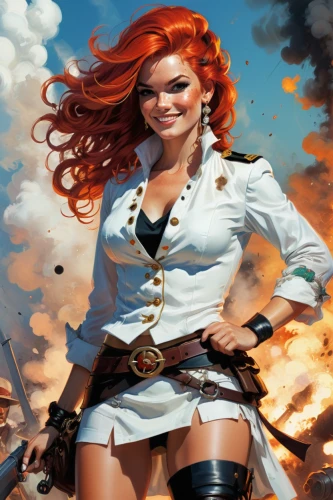 pirate,the sea maid,woman fire fighter,naval officer,girl with gun,harley,seafaring,scarlet sail,transistor,wind warrior,fantasy art,redheads,pirate flag,pirate treasure,girl with a gun,red-haired,sci fiction illustration,massively multiplayer online role-playing game,heroic fantasy,female warrior,Conceptual Art,Oil color,Oil Color 04