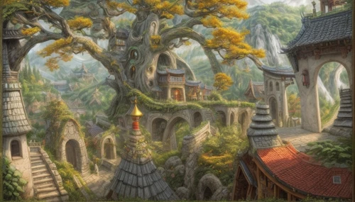tree house,escher village,fairy chimney,hanging temple,fairy village,treehouse,rapunzel,fantasy landscape,house in the forest,mountain settlement,tree house hotel,hanging houses,knight village,druid grove,ancient city,tigers nest,ancient house,fairy tale castle,fantasy picture,aurora village,Game Scene Design,Game Scene Design,Chinese Martial Arts Fantasy