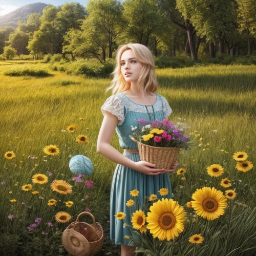 girl in flowers,beautiful girl with flowers,girl picking flowers,spring background,springtime background,holding flowers,picking flowers,daisies,field of flowers,dandelion meadow,sun flowers,blooming field,elsa,flower girl,summer meadow,flower background,photo manipulation,fantasy picture,flower field,heidi country,Common,Common,Natural