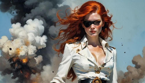 transistor,girl with gun,clary,girl with a gun,bouffant,woman fire fighter,woman holding gun,sci fiction illustration,spy visual,cigarette girl,redheads,smoking girl,red head,redheaded,red-haired,world digital painting,femme fatale,black widow,game illustration,spy,Conceptual Art,Oil color,Oil Color 01