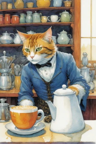 tea party cat,cat drinking tea,cat's cafe,teatime,cat coffee,red tabby,domestic cat,teacup,coffee tea illustration,aristocrat,tea time,caterer,vintage cat,darjeeling tea,waiter,butler,watercolor cafe,chinaware,gentlemanly,marmalade,Illustration,Realistic Fantasy,Realistic Fantasy 04