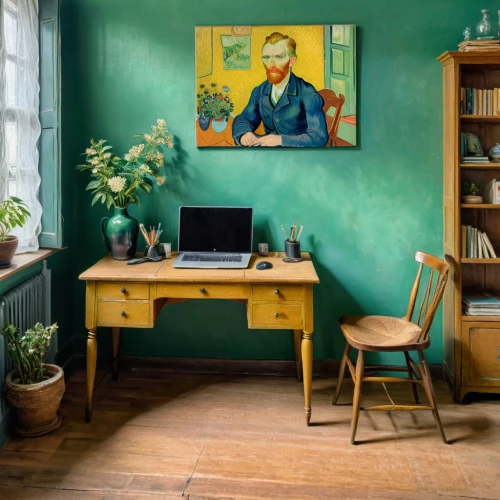 writing desk,vincent van gogh,danish room,secretary desk,wooden desk,desk,creative office,study room,computer room,boy's room picture,consulting room,the living room of a photographer,home office,danish furniture,office desk,computer desk,photo painting,modern office,working space,sideboard,Art,Artistic Painting,Artistic Painting 03