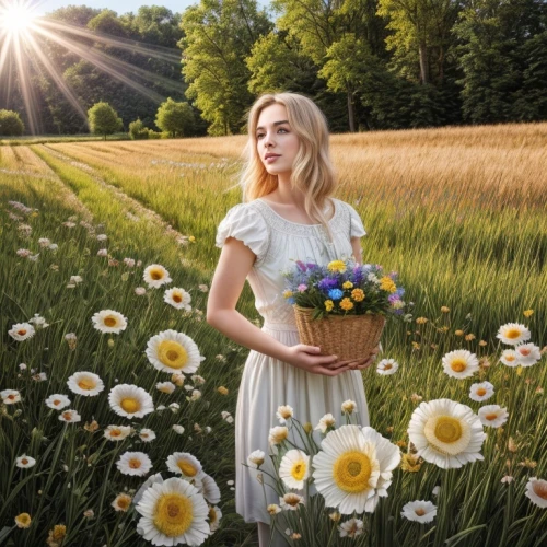 girl in flowers,beautiful girl with flowers,sun bride,sun flowers,daisies,holding flowers,arnica,sun daisies,sunflowers,picking flowers,sunflower field,field of flowers,flower background,midsummer,summer flowers,flowers field,flower field,dandelion field,romantic portrait,girl picking flowers,Common,Common,Natural