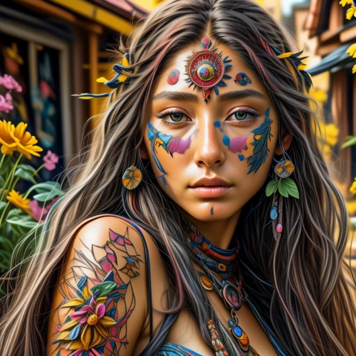 boho art,native american,face paint,body painting,american indian,gypsy soul,shamanic,bodypainting,tribal,bodypaint,warrior woman,beautiful girl with flowers,bohemian,body art,the festival of colors,shamanism,face painting,tribal masks,the american indian,native