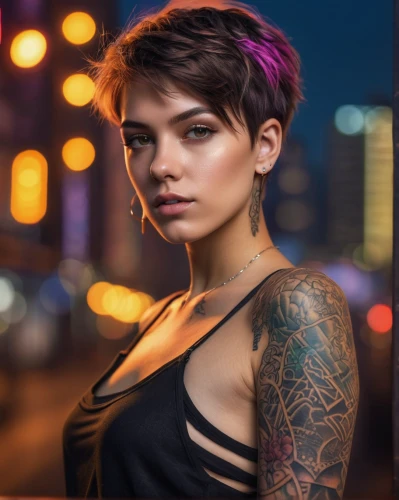 tattoo girl,pixie cut,punk,tattoos,portrait photography,artificial hair integrations,portrait photographers,pixie-bob,tattoo artist,with tattoo,greta oto,cyberpunk,tattooed,bokeh lights,photo session at night,fae,female model,tattoo expo,asymmetric cut,portrait background,Photography,General,Natural