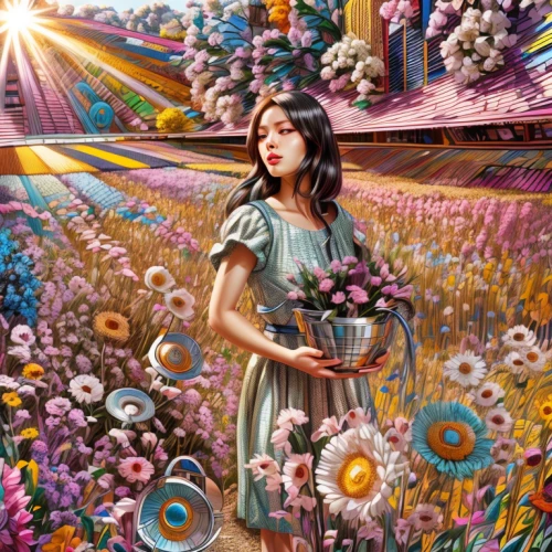 girl in flowers,psychedelic art,flower of life,flowers celestial,girl picking flowers,yogananda,girl with a wheel,boho art,spring equinox,harmonia macrocosmica,flora,cosmic flower,la violetta,girl in the garden,secret garden of venus,virgo,flower girl,lyzz flowers,fantasy picture,flower fairy