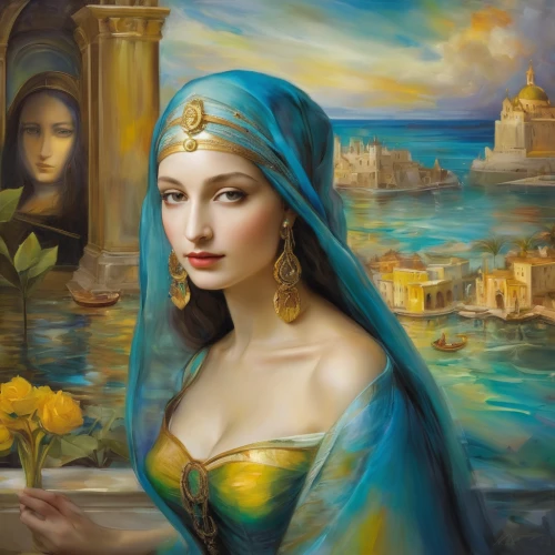 fantasy art,cleopatra,ancient egyptian girl,world digital painting,romantic portrait,italian painter,mystical portrait of a girl,athena,fantasy portrait,celtic woman,art painting,fantasy picture,priestess,art deco woman,meticulous painting,oil painting on canvas,aphrodite,the carnival of venice,celtic queen,orientalism,Illustration,Paper based,Paper Based 11