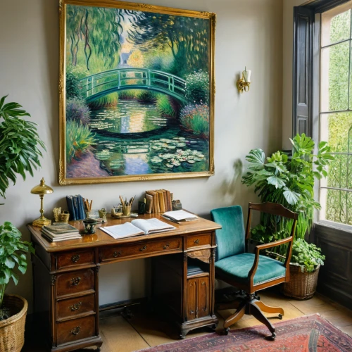 writing desk,the living room of a photographer,secretary desk,sitting room,home office,study room,office desk,desk,wooden desk,boho art,interior decor,working space,giverny,work space,computer desk,creative office,interior design,danish room,sideboard,modern office,Art,Artistic Painting,Artistic Painting 04