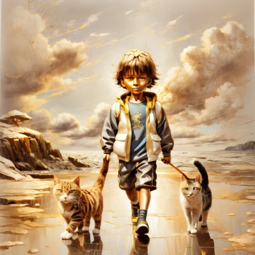 boy and dog,walk with the children,lion children,children's background,kids illustration,world digital painting,little girl in wind,felidae,sci fiction illustration,red tabby,young tiger,animal world,fable,rescue alley,children of war,image manipulation,cat family,cat lovers,fantasy picture,orphaned