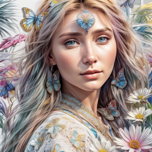 fantasy portrait,boho art,elven flower,flower painting,girl in flowers,fantasy art,digital painting,flower fairy,faerie,world digital painting,faery,flora,mystical portrait of a girl,jessamine,elsa,flower of life,elven,flower art,wreath of flowers,beautiful girl with flowers